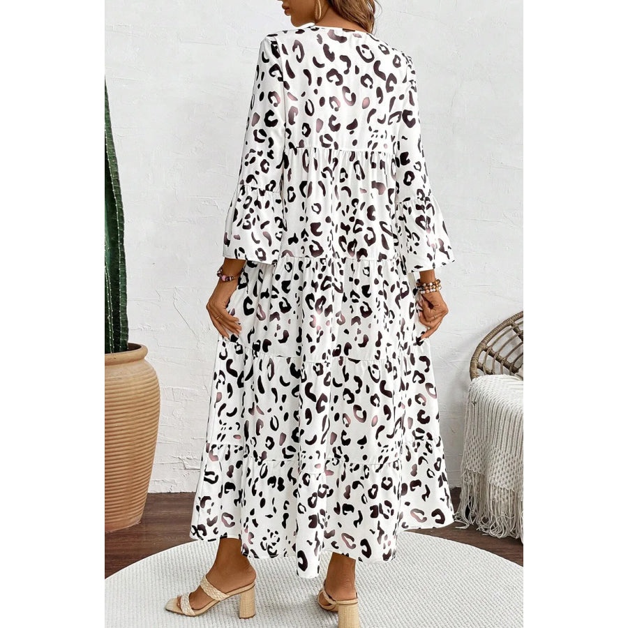 Tiered Leopard Notched Three-Quarter Sleeve Dress Apparel and Accessories