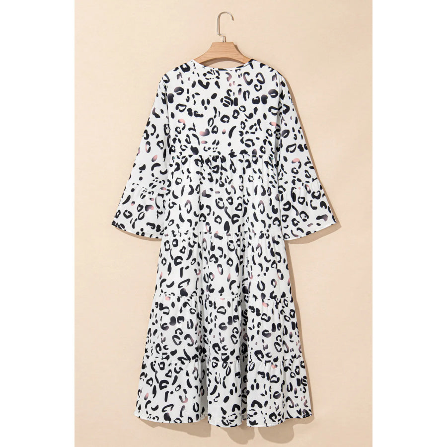 Tiered Leopard Notched Three-Quarter Sleeve Dress Apparel and Accessories