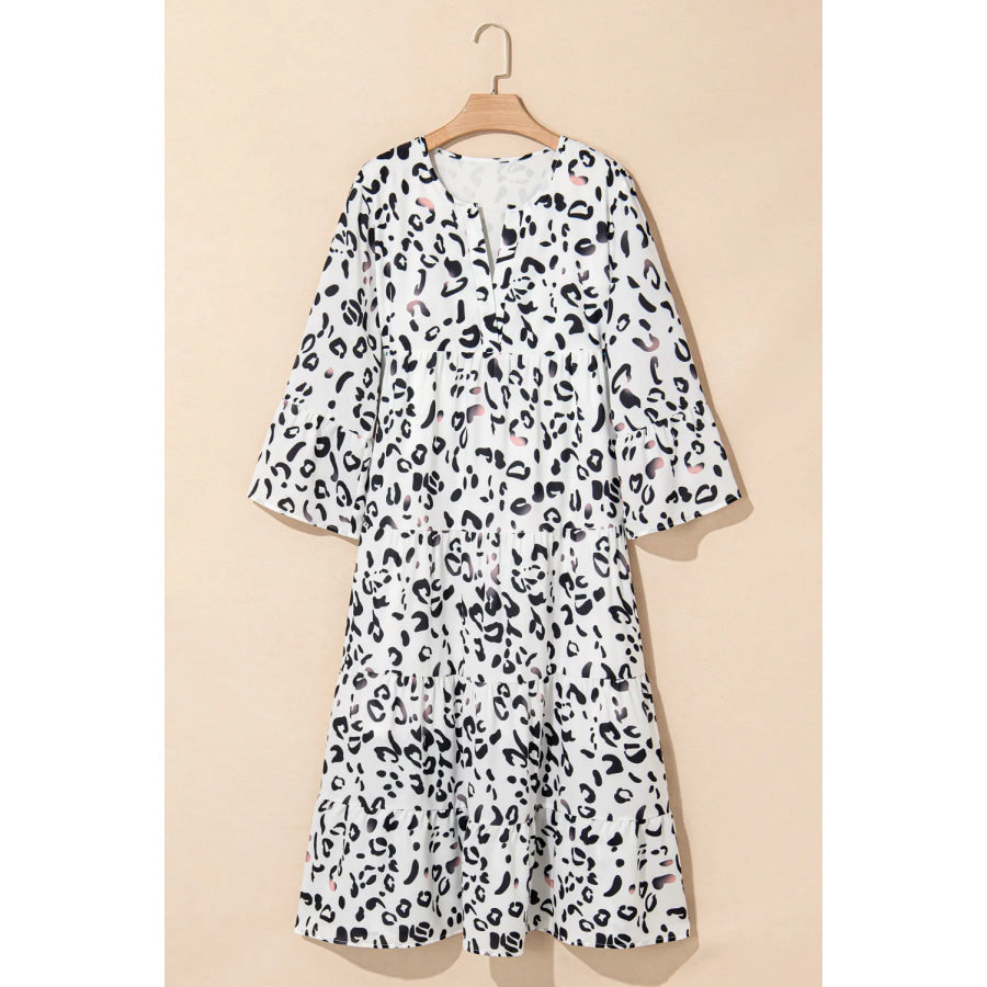 Tiered Leopard Notched Three-Quarter Sleeve Dress Apparel and Accessories