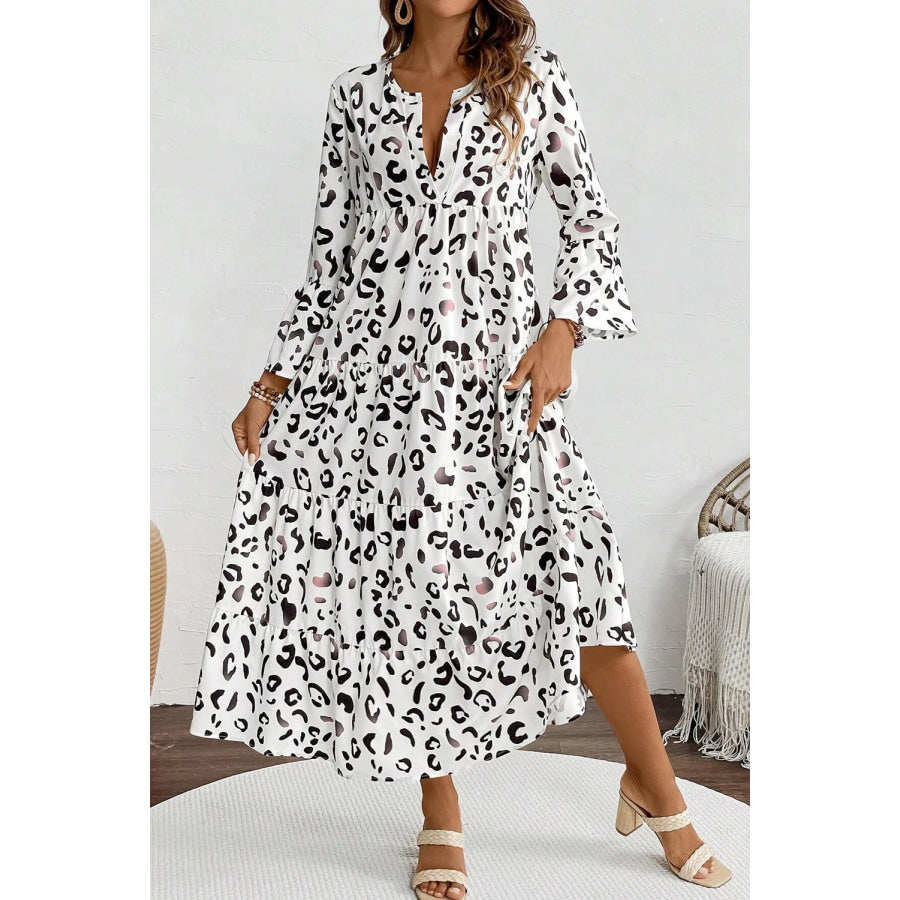 Tiered Leopard Notched Three-Quarter Sleeve Dress Apparel and Accessories