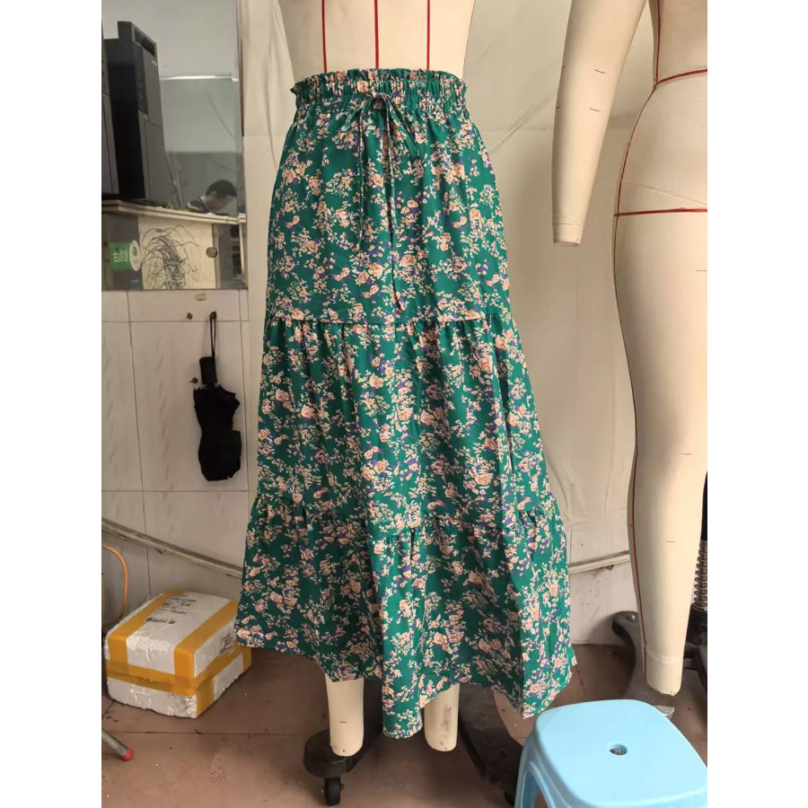 Tiered Midi Skirt Green-Large Floral / S Apparel and Accessories