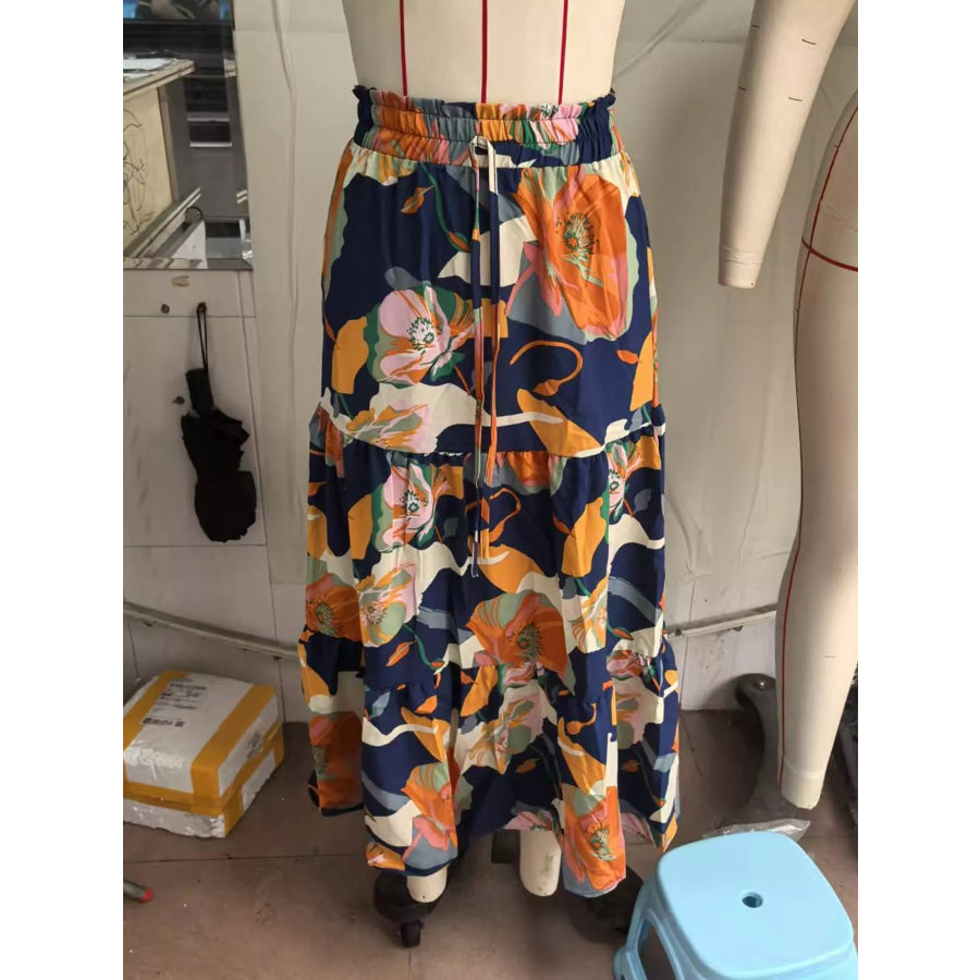 Tiered Midi Skirt Navy-Floral / S Apparel and Accessories