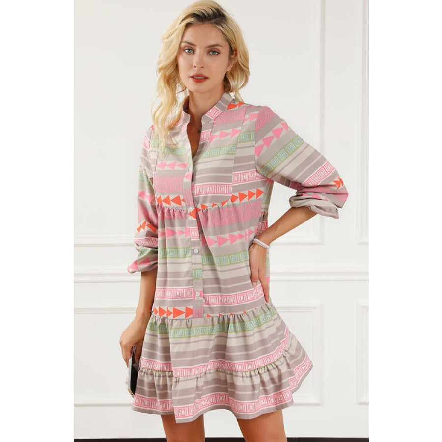 Tiered Notched Balloon Sleeve Buttoned Dress Multicolor / S