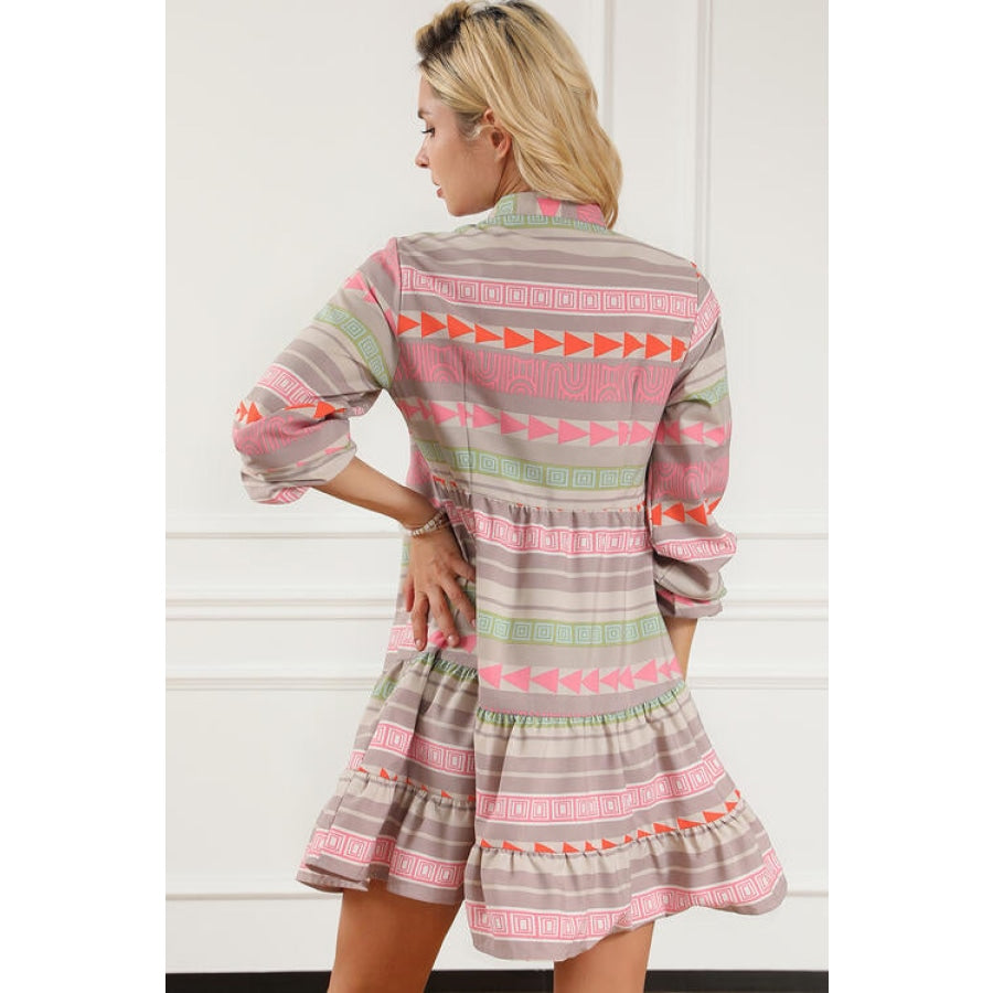 Tiered Notched Balloon Sleeve Buttoned Dress