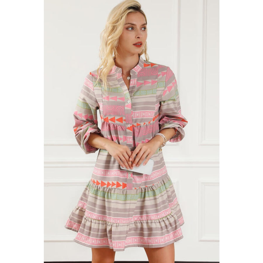 Tiered Notched Balloon Sleeve Buttoned Dress