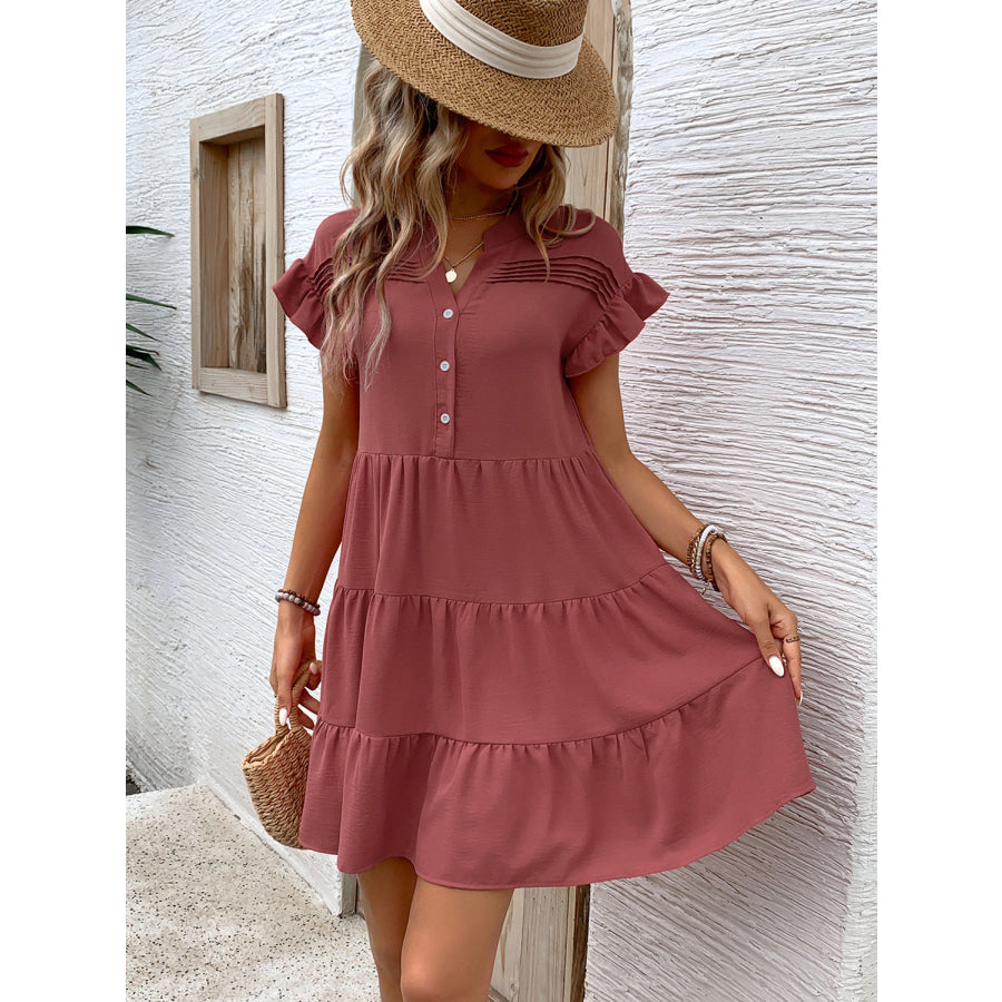 Tiered Notched Flounce Sleeve Mini Dress Apparel and Accessories