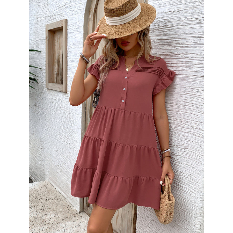 Tiered Notched Flounce Sleeve Mini Dress Apparel and Accessories