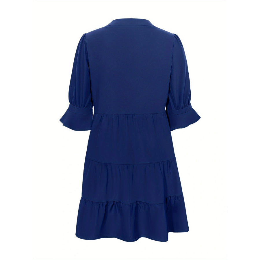 Tiered Notched Half Sleeve Dress Navy / S Apparel and Accessories