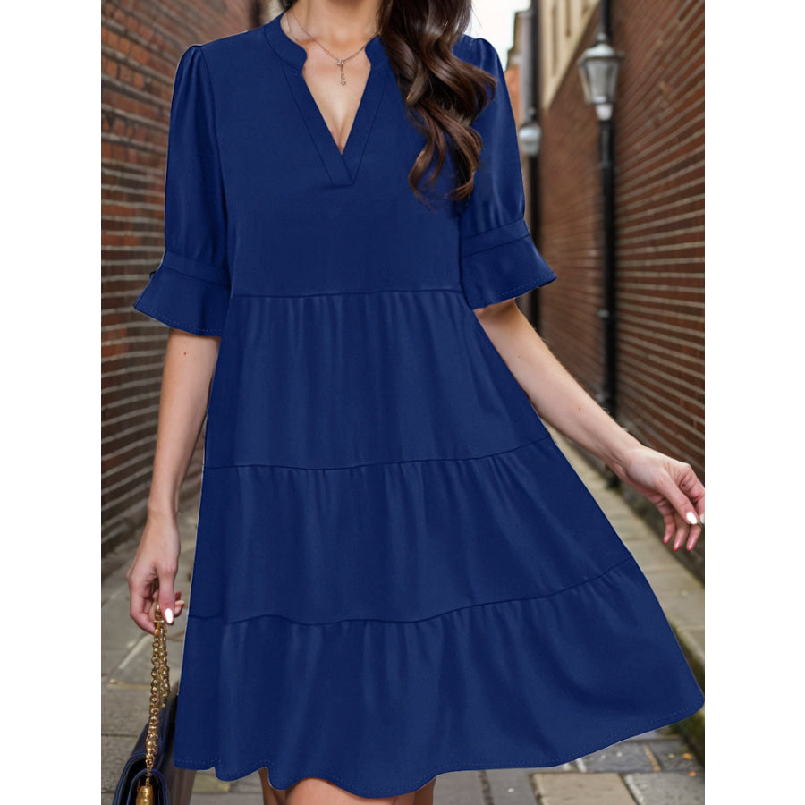 Tiered Notched Half Sleeve Dress Navy / S Apparel and Accessories