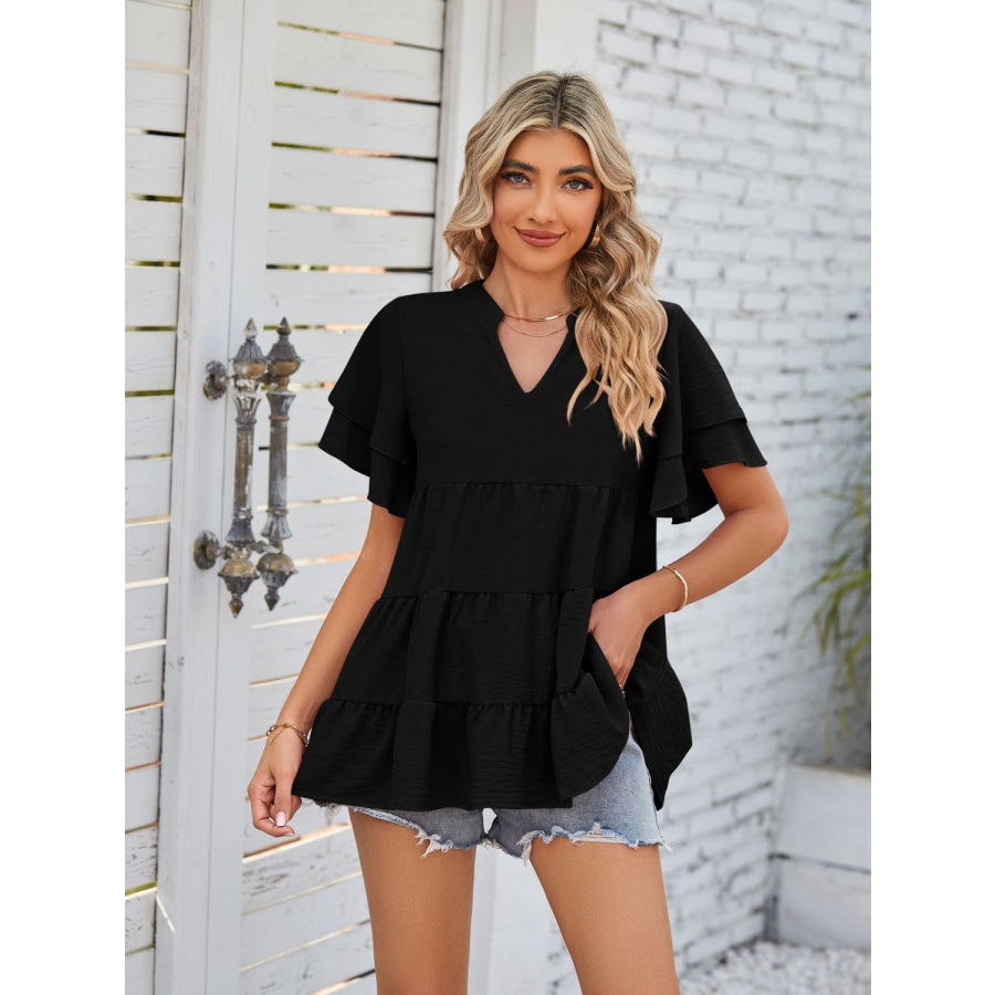 Tiered Notched Short Sleeve Blouse Apparel and Accessories