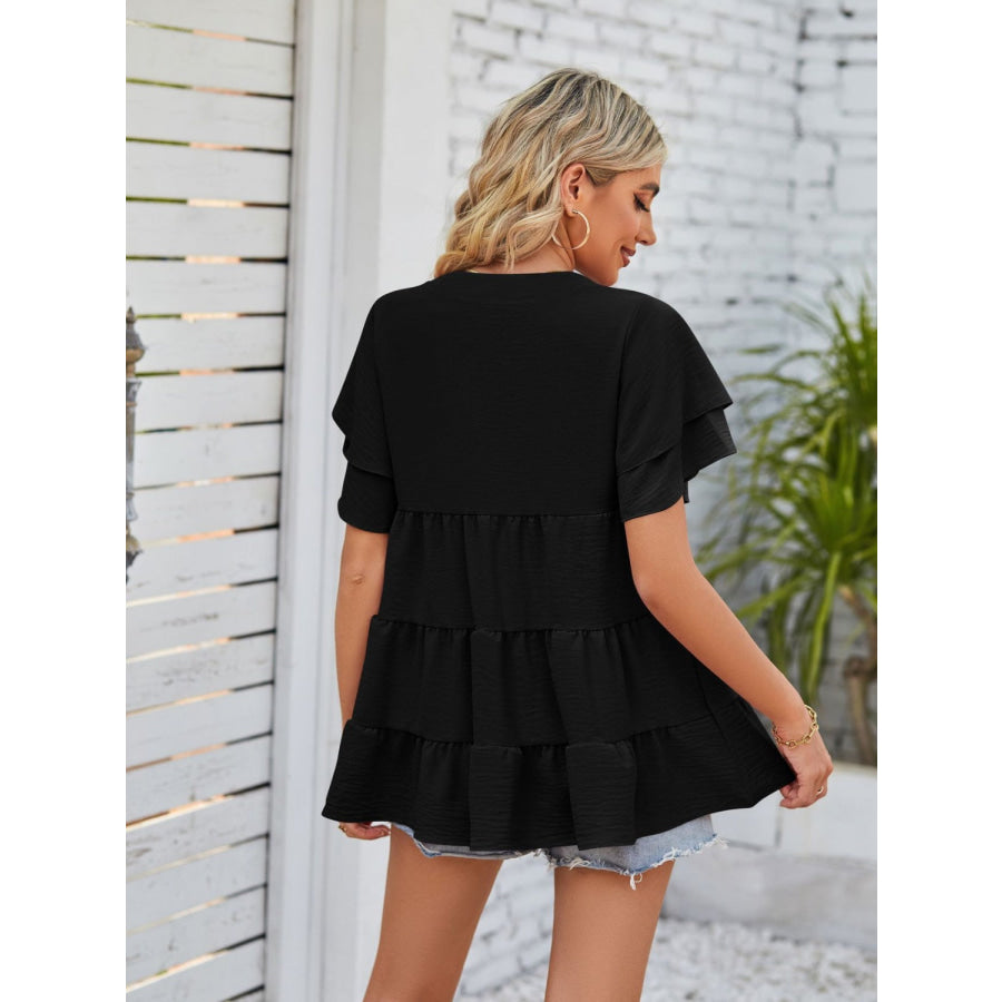 Tiered Notched Short Sleeve Blouse Apparel and Accessories