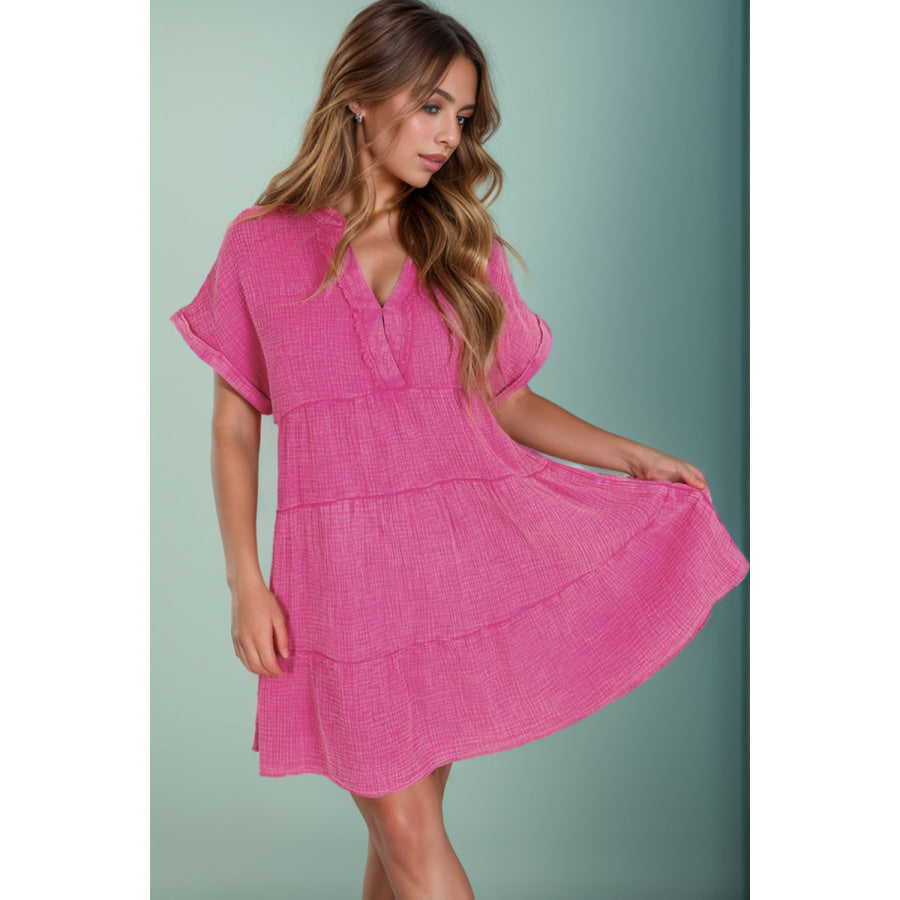 Tiered Notched Short Sleeve Dres Apparel and Accessories