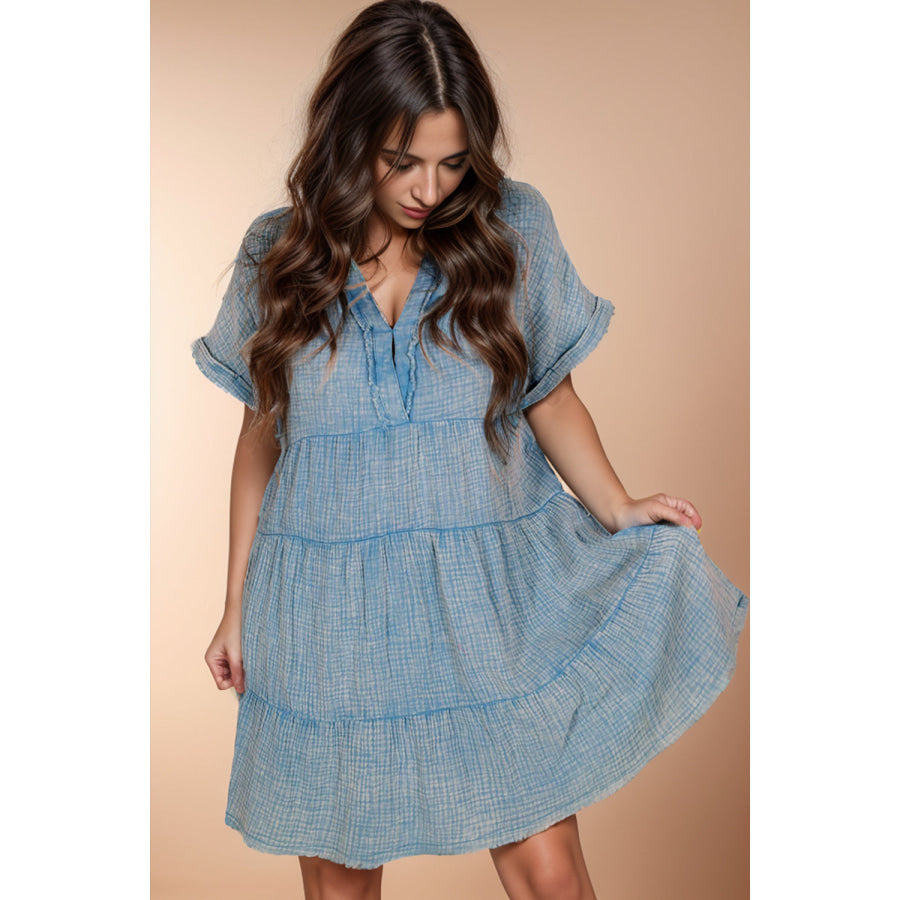 Tiered Notched Short Sleeve Dres Misty Blue / S Apparel and Accessories