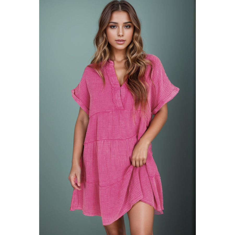 Tiered Notched Short Sleeve Dres Fuchsia Pink / S Apparel and Accessories