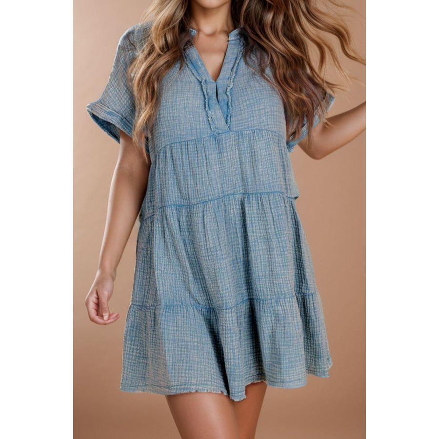 Tiered Notched Short Sleeve Dres Misty Blue / S Apparel and Accessories