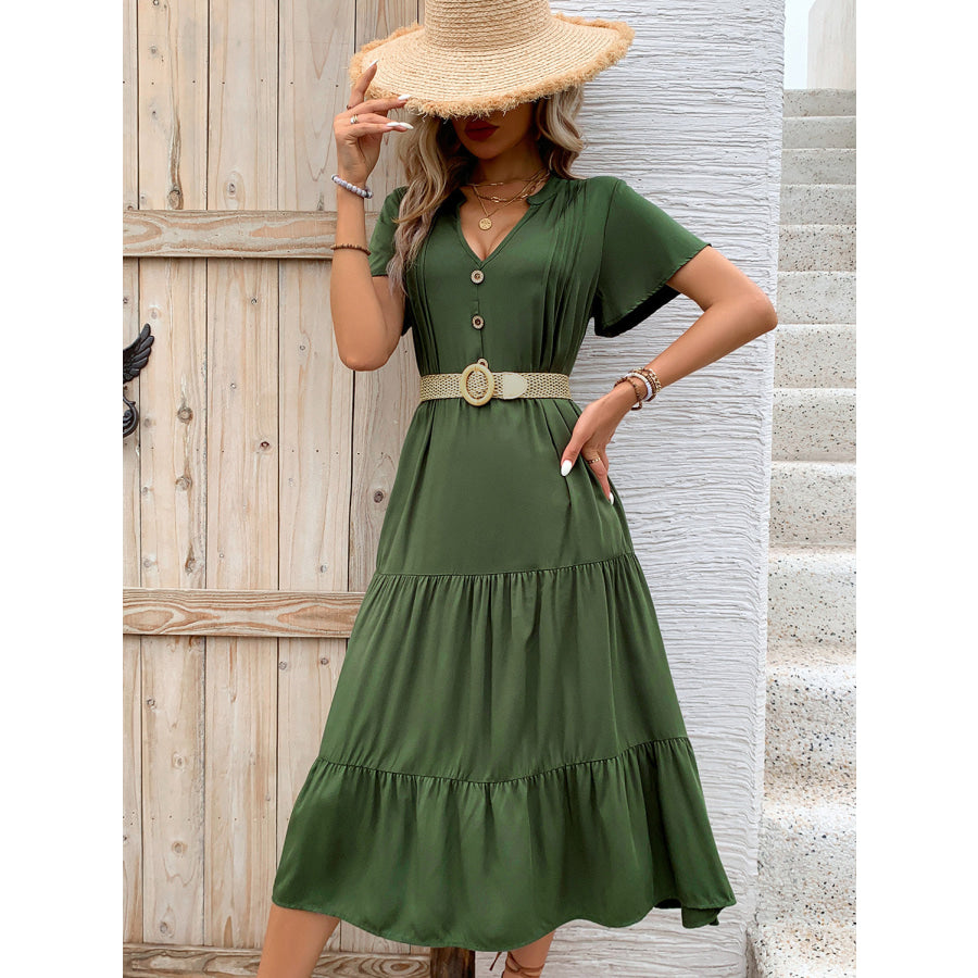 Tiered Notched Short Sleeve Midi Dress Apparel and Accessories