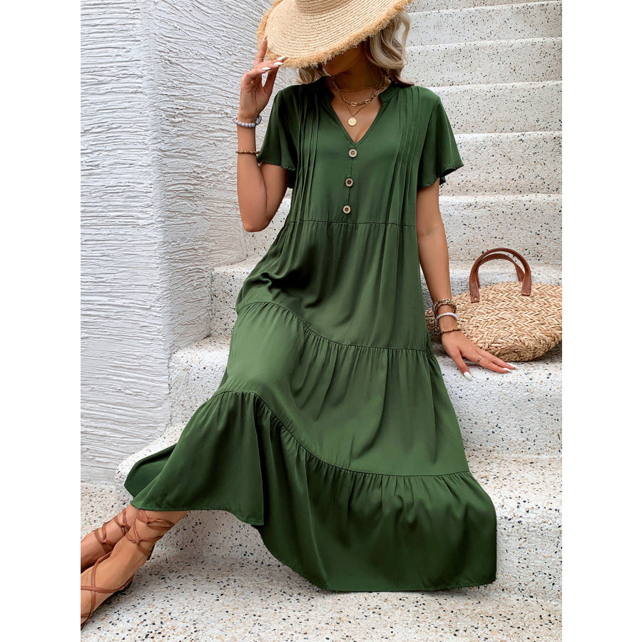 Tiered Notched Short Sleeve Midi Dress Apparel and Accessories