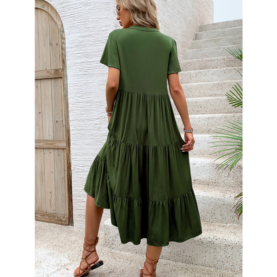 Tiered Notched Short Sleeve Midi Dress Apparel and Accessories