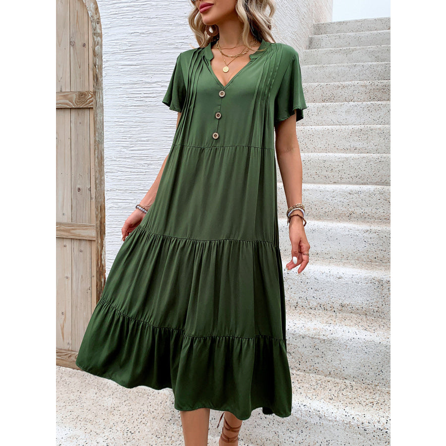 Tiered Notched Short Sleeve Midi Dress Apparel and Accessories