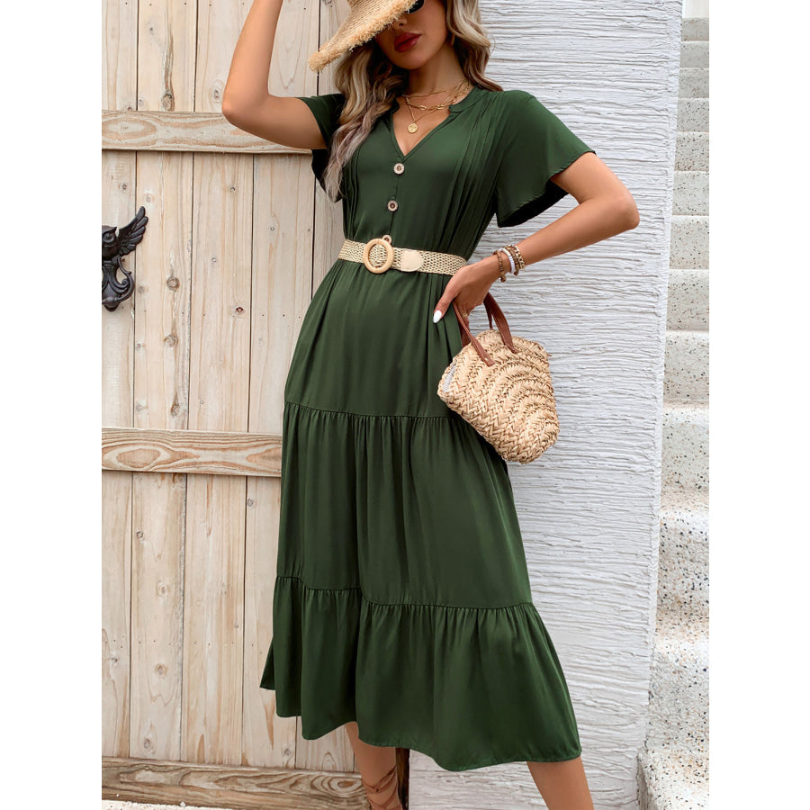 Tiered Notched Short Sleeve Midi Dress Apparel and Accessories