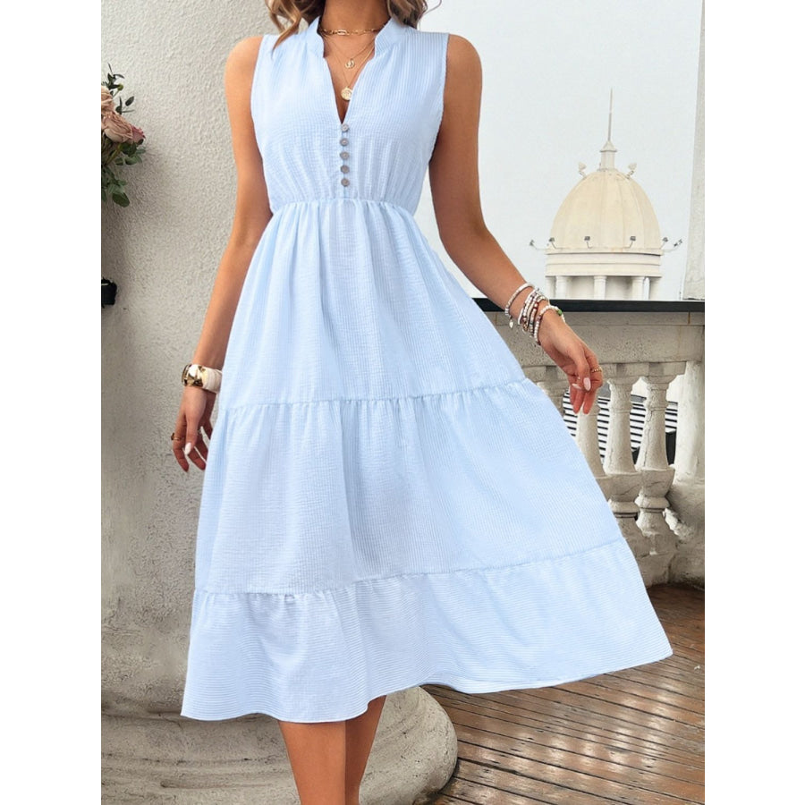 Tiered Notched Sleeveless Midi Dress Apparel and Accessories