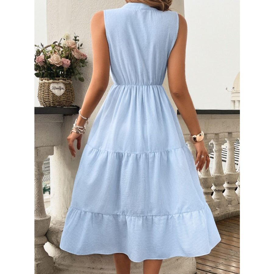 Tiered Notched Sleeveless Midi Dress Apparel and Accessories