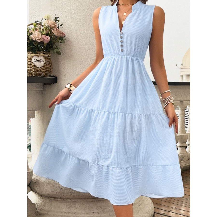 Tiered Notched Sleeveless Midi Dress Apparel and Accessories