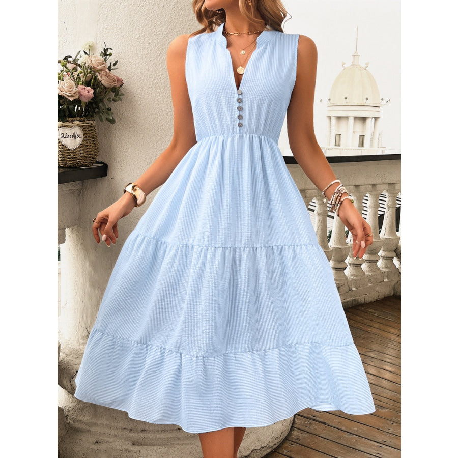 Tiered Notched Sleeveless Midi Dress Light Blue / S Apparel and Accessories