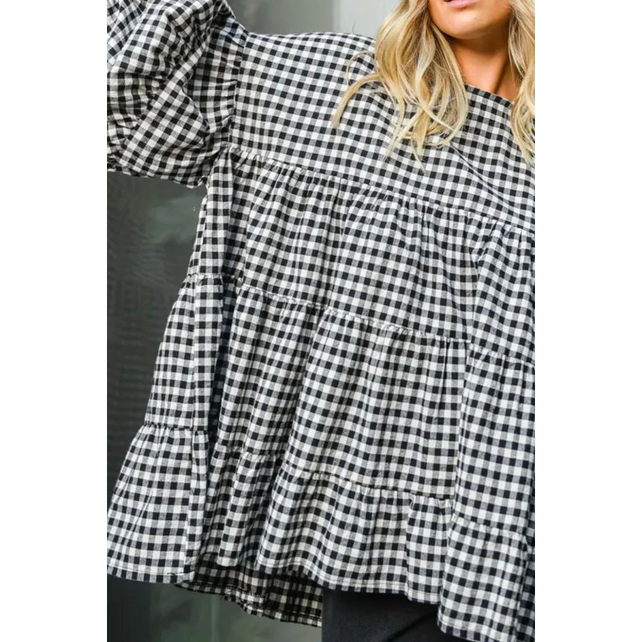 Tiered Plaid Round Neck Long Sleeve Blouse Apparel and Accessories