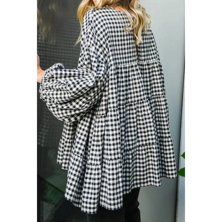 Tiered Plaid Round Neck Long Sleeve Blouse Apparel and Accessories