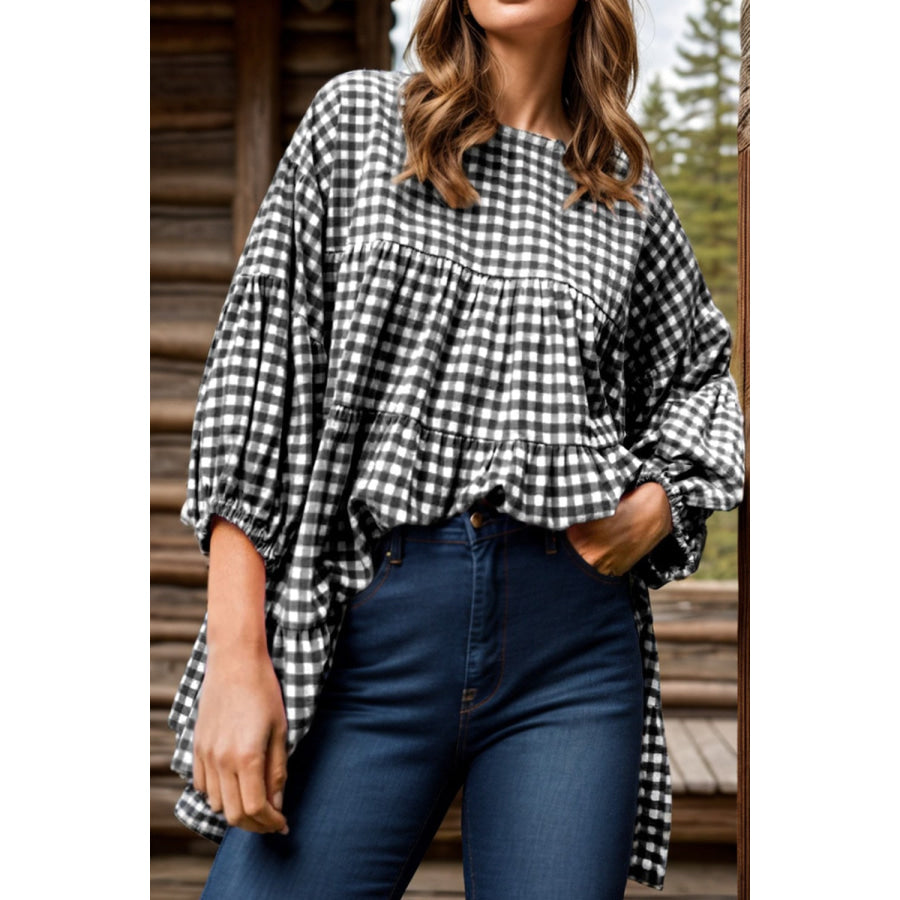 Tiered Plaid Round Neck Long Sleeve Blouse Plaid / S Apparel and Accessories