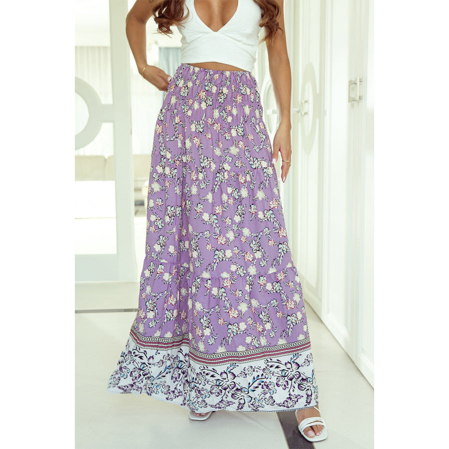 Tiered Printed Elastic Waist Skirt Lavender / S Apparel and Accessories