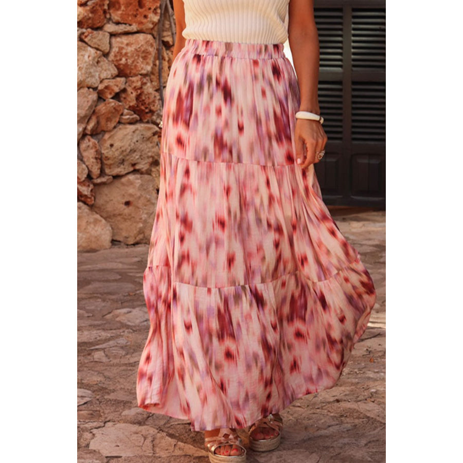 Tiered Printed Elastic Waist Skirt Dusty Pink / S Apparel and Accessories