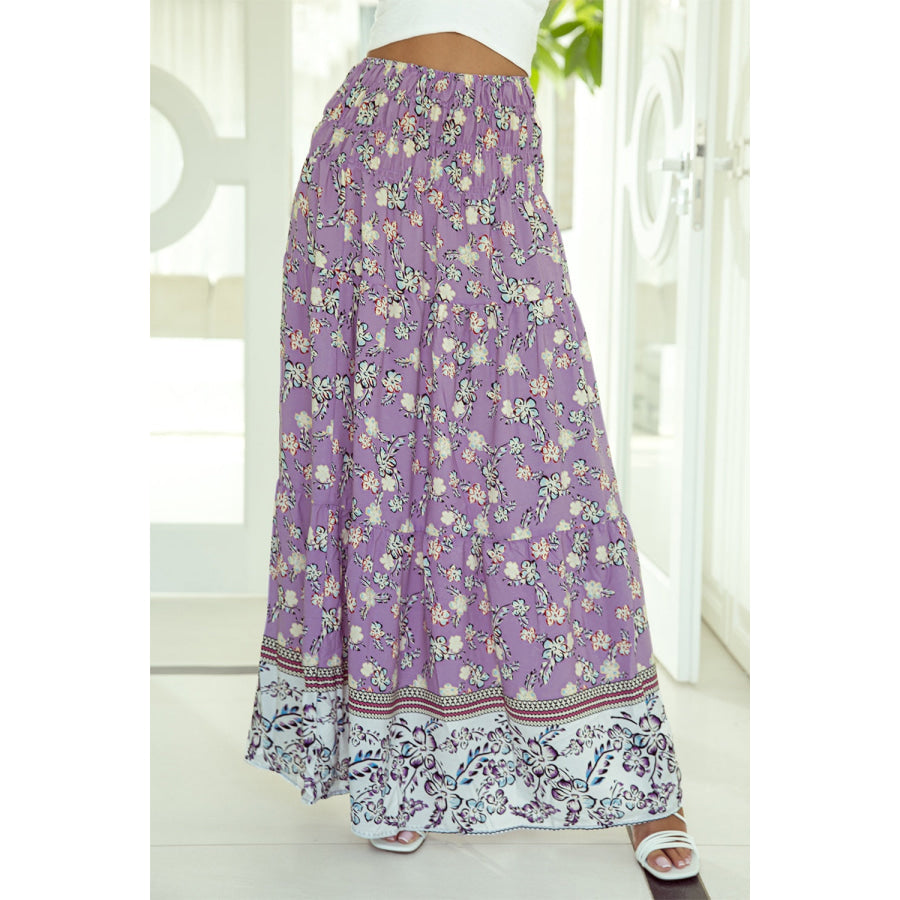 Tiered Printed Elastic Waist Skirt Lavender / S Apparel and Accessories