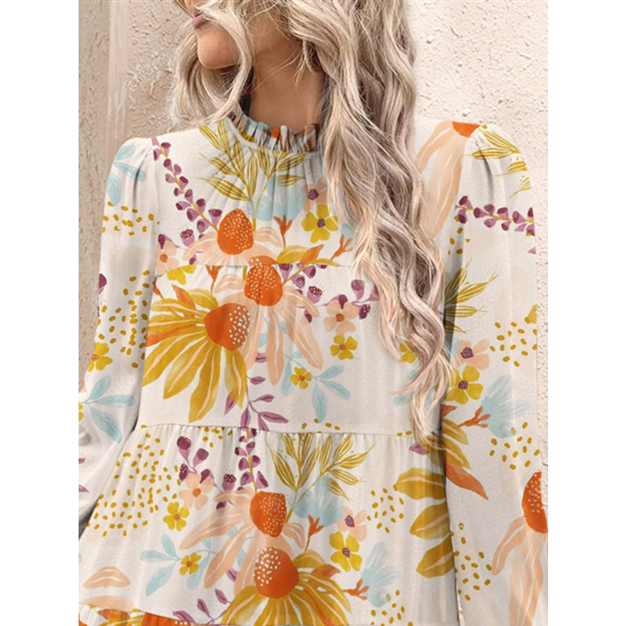 Tiered Printed Long Sleeve Mini Dress Apparel and Accessories