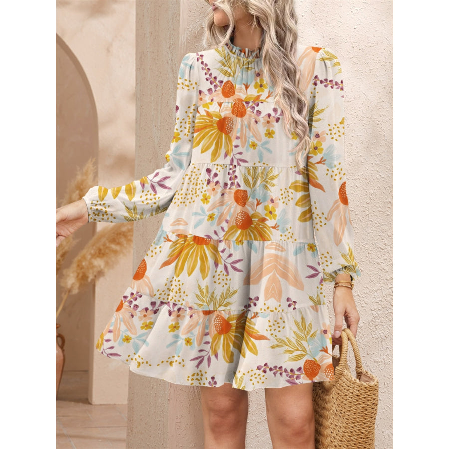 Tiered Printed Long Sleeve Mini Dress Tangerine / S Apparel and Accessories