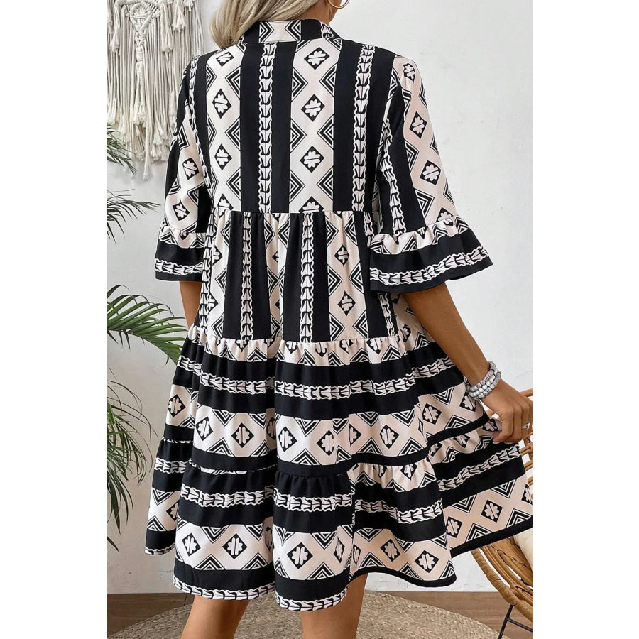 Tiered Printed Notched Half Sleeve Dress Apparel and Accessories