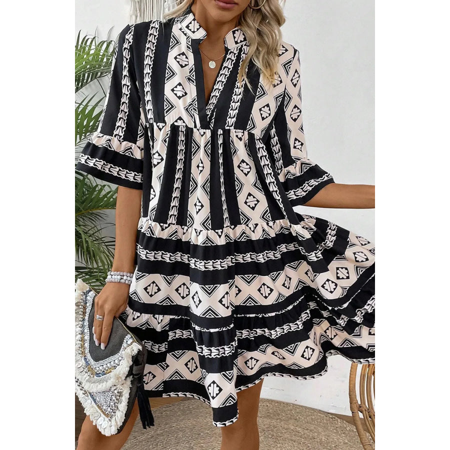 Tiered Printed Notched Half Sleeve Dress Apparel and Accessories