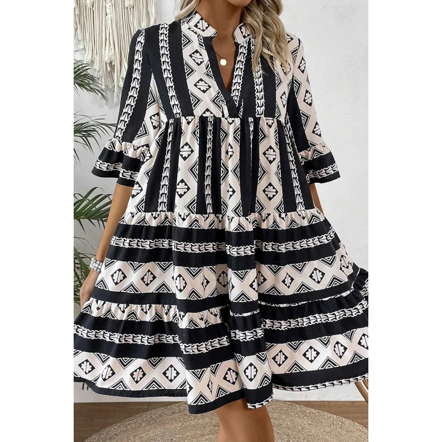 Tiered Printed Notched Half Sleeve Dress Black / S Apparel and Accessories