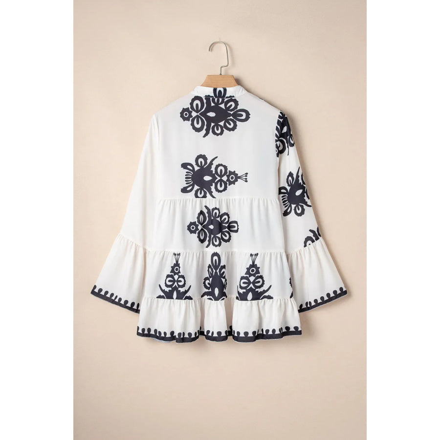 Tiered Printed Notched Long Sleeve Blouse Apparel and Accessories