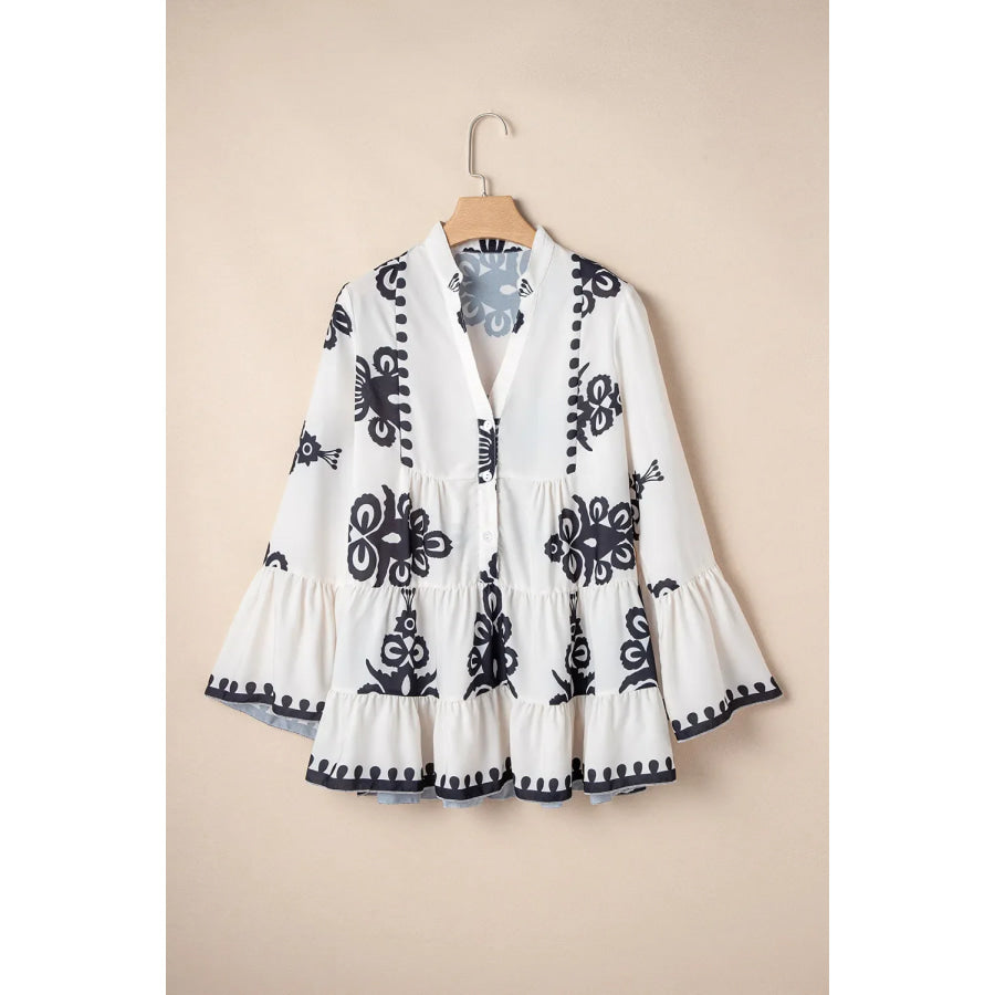 Tiered Printed Notched Long Sleeve Blouse Apparel and Accessories