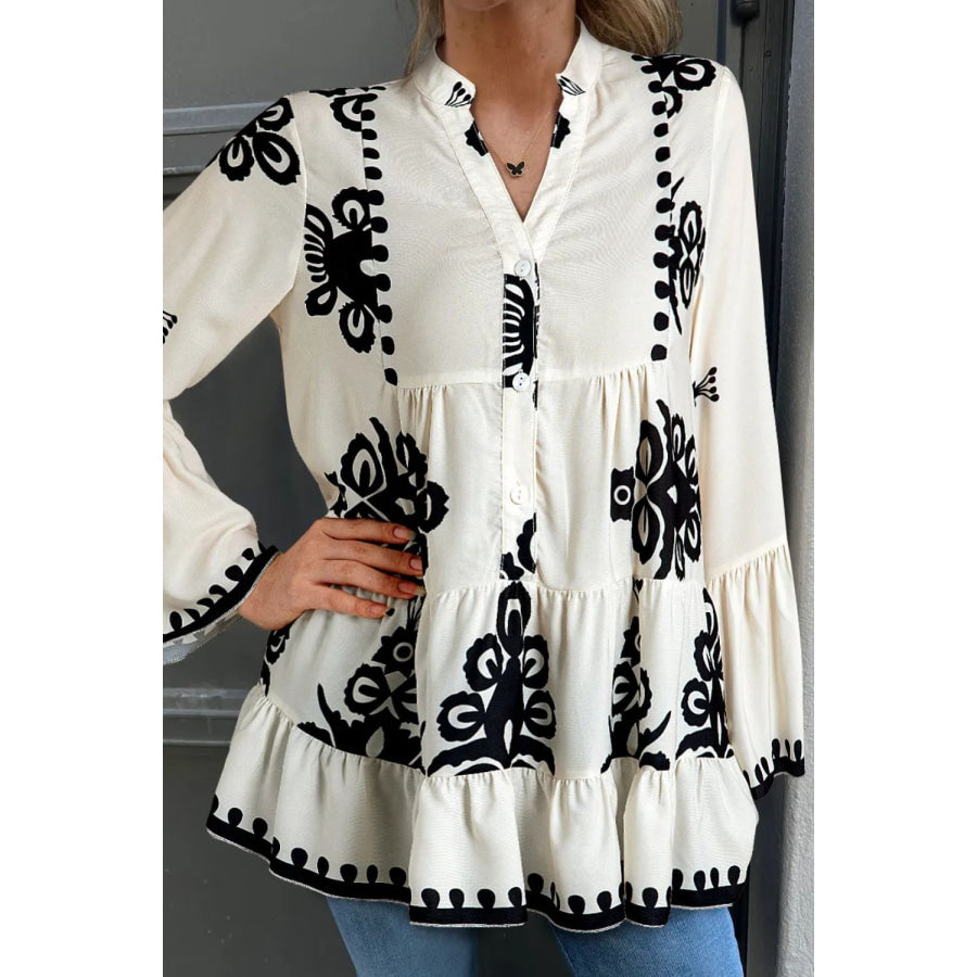 Tiered Printed Notched Long Sleeve Blouse White / S Apparel and Accessories