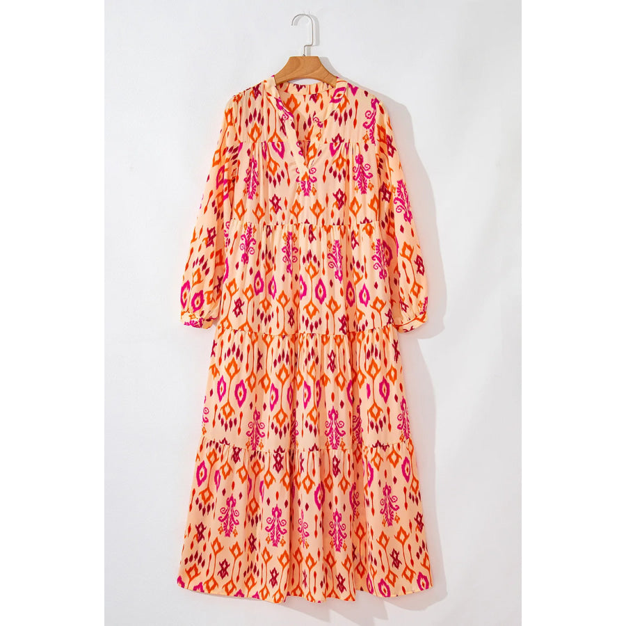 Tiered Printed Notched Long Sleeve Midi Dress Sherbet / S Apparel and Accessories