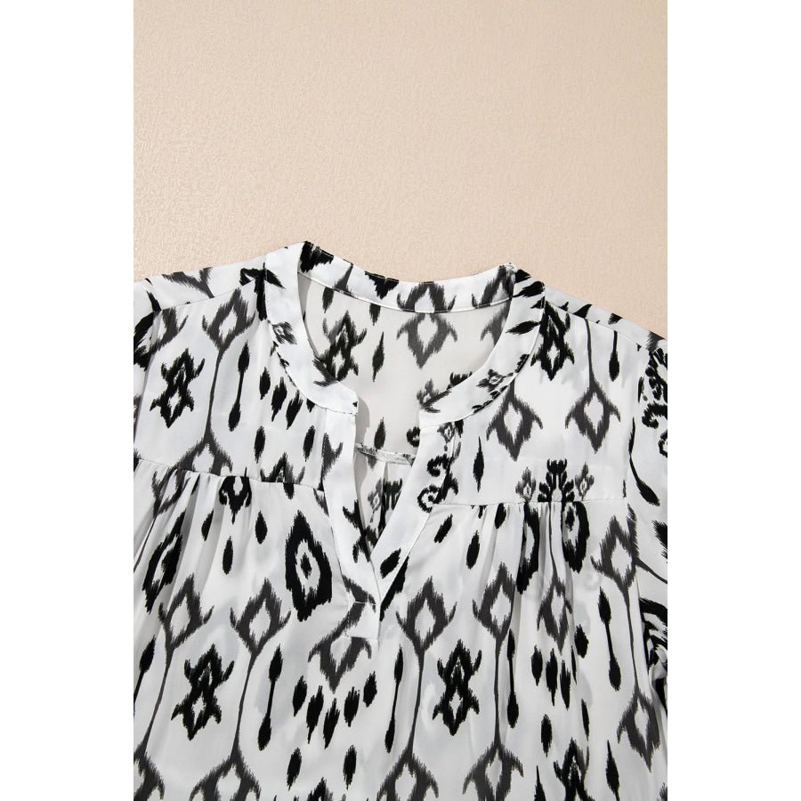 Tiered Printed Notched Long Sleeve Midi Dress Apparel and Accessories