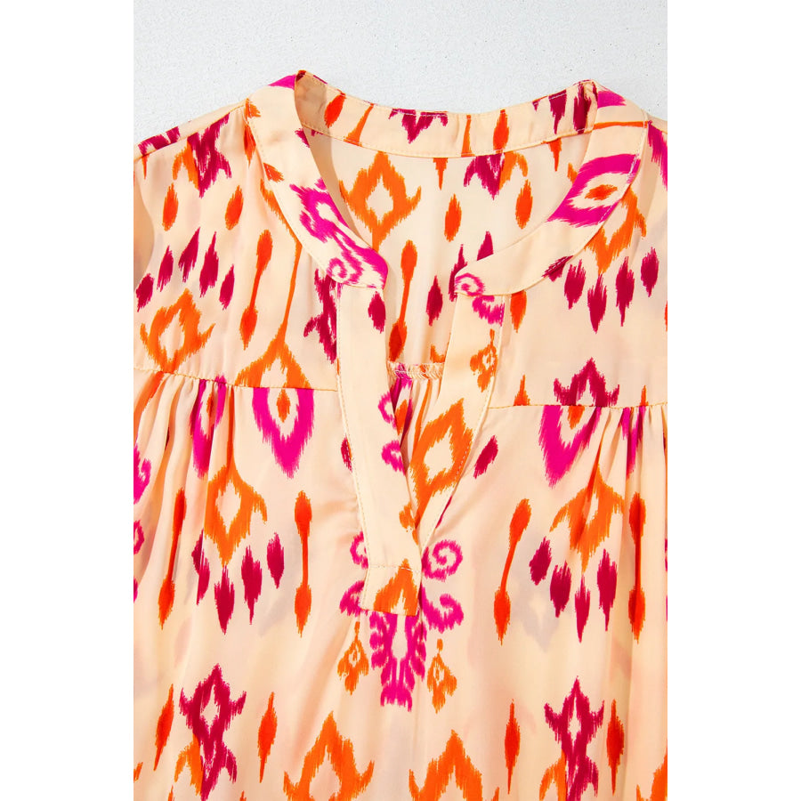 Tiered Printed Notched Long Sleeve Midi Dress Apparel and Accessories