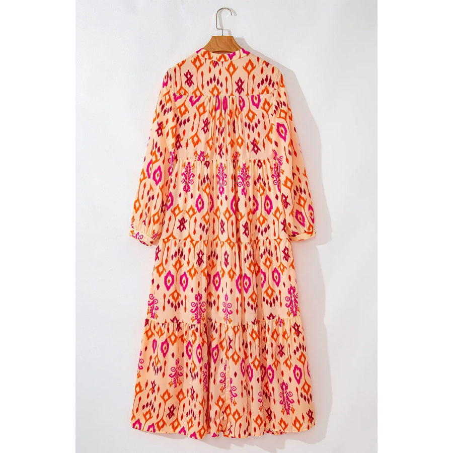 Tiered Printed Notched Long Sleeve Midi Dress Apparel and Accessories