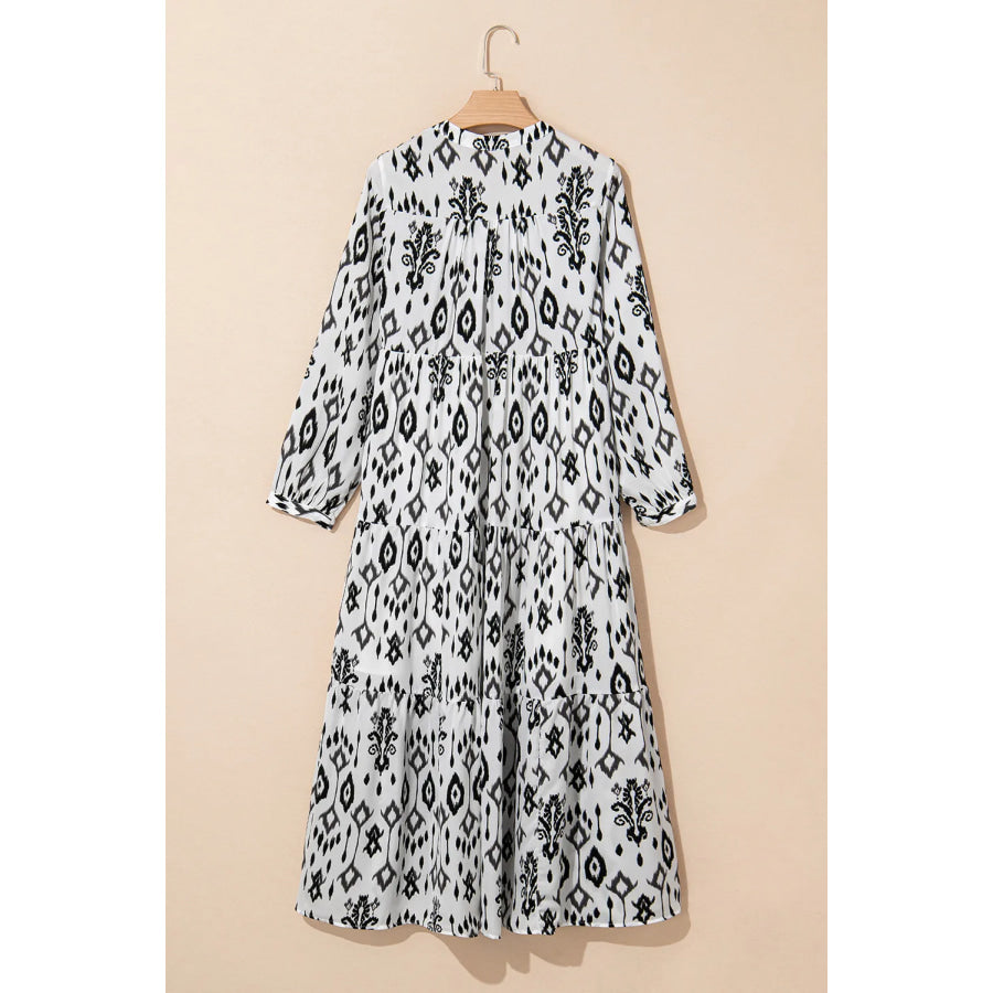 Tiered Printed Notched Long Sleeve Midi Dress Apparel and Accessories
