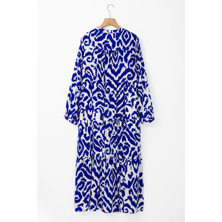 Tiered Printed Notched Long Sleeve Midi Dress Apparel and Accessories