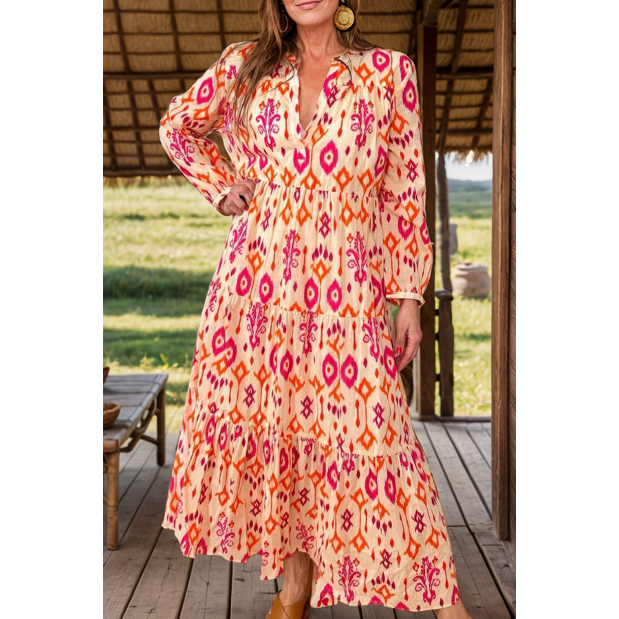 Tiered Printed Notched Long Sleeve Midi Dress Sherbet / S Apparel and Accessories