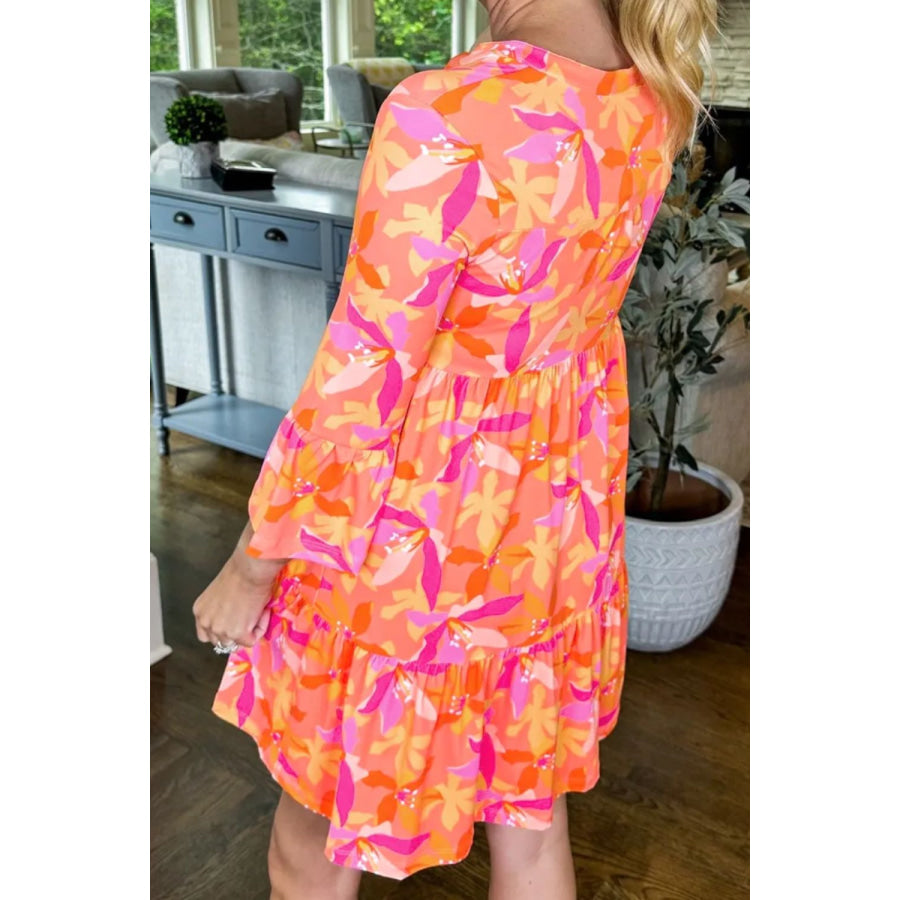 Tiered Printed Notched Mini Dress Orange / S Apparel and Accessories